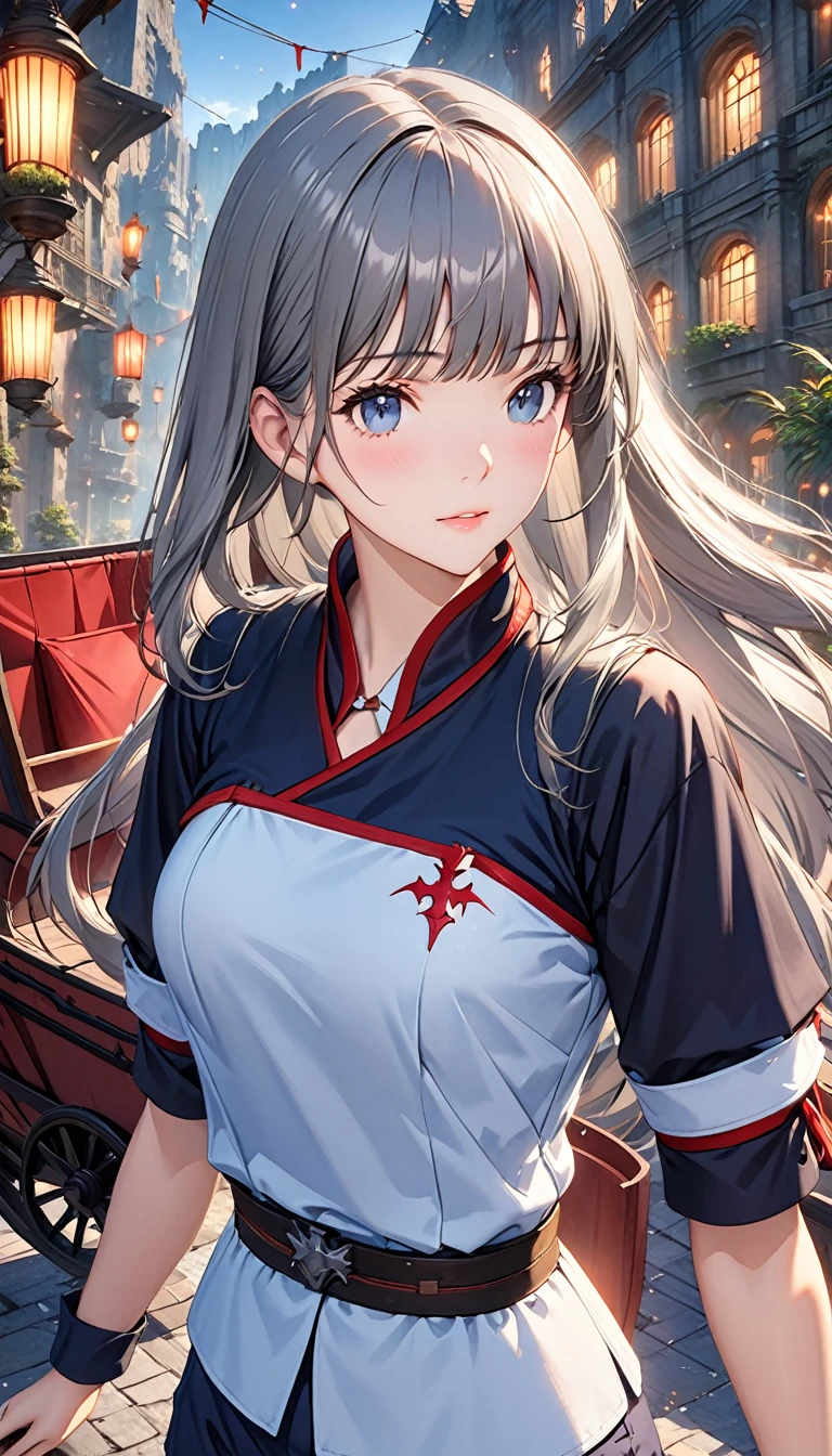 ((Top Quality)), ((Masterpiece)), (Detail), high resolution, Perfect Face, Fine Eyes, Depth of Field, Special Shading, (photorealistic), (upper body), (1 beautiful girl), demon, medium breasts, (grey hair, very long hair, blunt bangs), ((knight wagon uniform, short pants)), fantasy, Smooth anime CG art, 3D Images, Light particles, Lost City at night