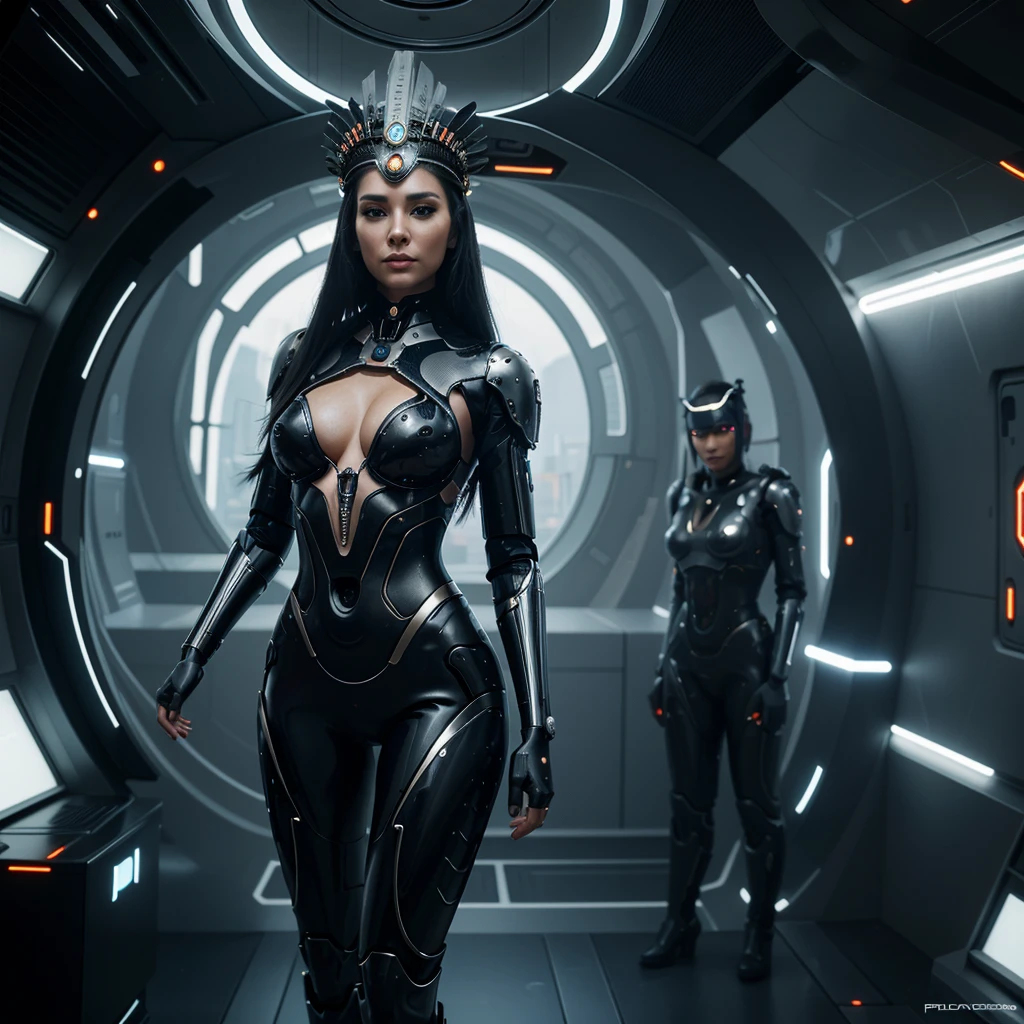 woman in headdress, on a planet that no one has ever seen, full length, seductive, very detailed visual portrait, futuristic робототехник, nice, on another planet, extremely detailed shot of the goddess, beautiful cyborg girl, Jason Angle, keyframe, anthropomorphic _ Humanoid, futuristic, realistic and high quality