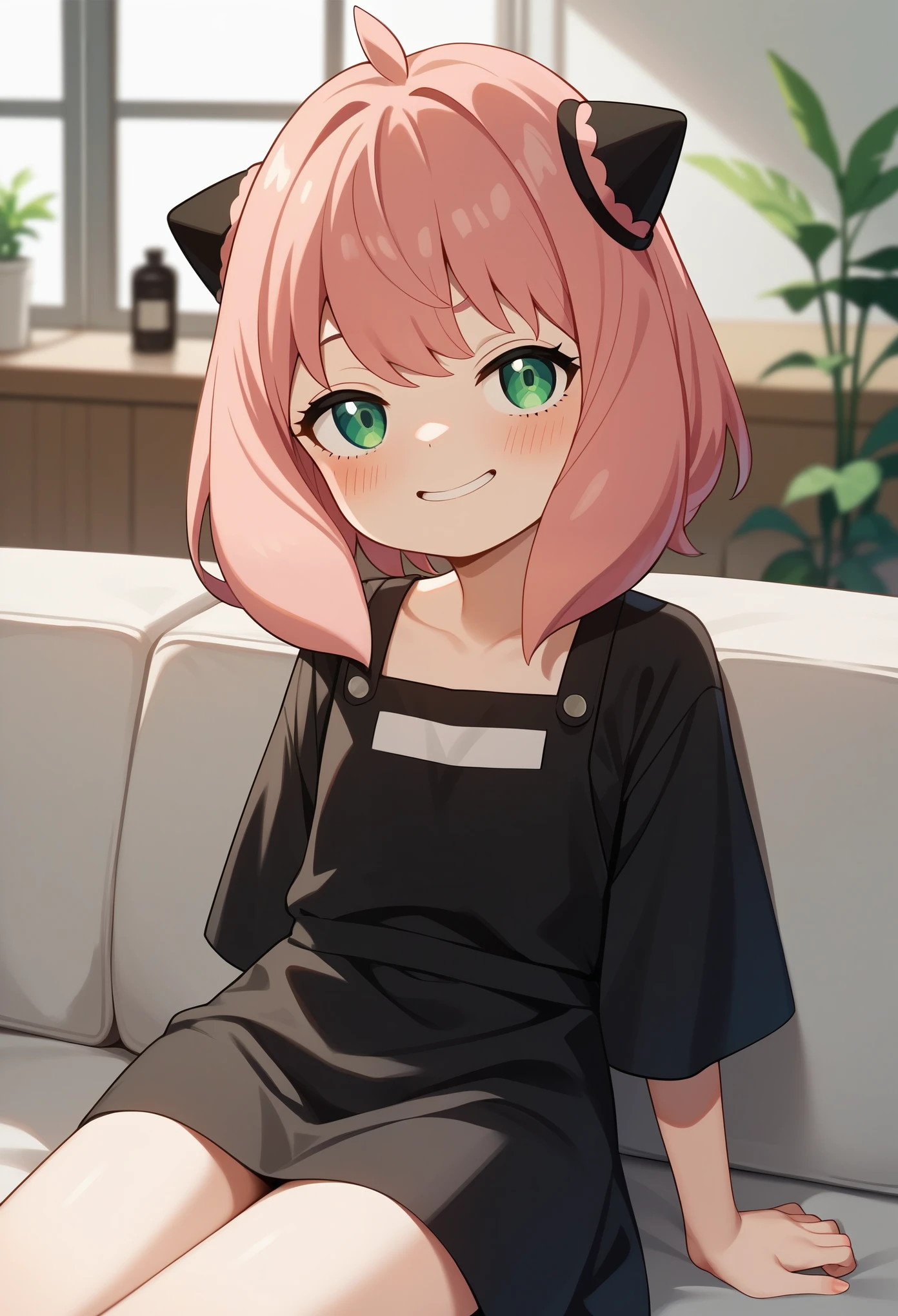 score_9, score_8_up, score_7_up, score_6_up, score_5_up, score_4_up, an_ya, pink hair, sitting on a couch, petite_body, smug, OverallDetail, fFaceDetai, black dress