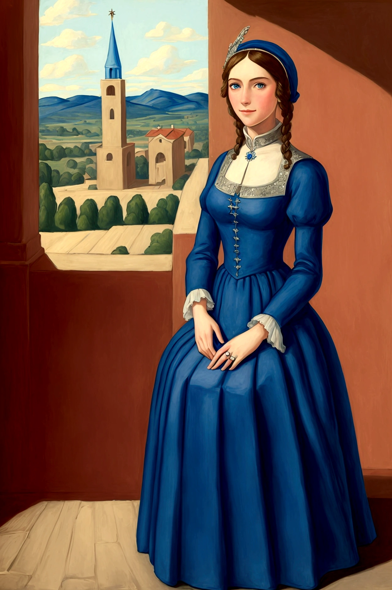 (masterpiece, best quality:1.2), Cowboy shooting, alone, 1 girl, Marianne von Edmund, Smile, looking at the audience, Blue Dress, Capulet