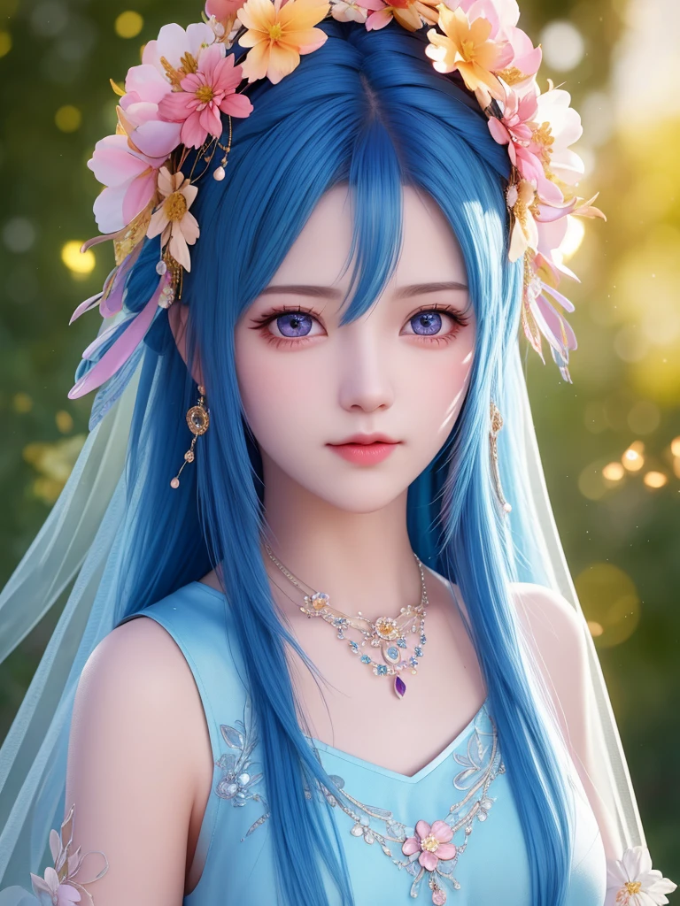 best quality, masterpiece, High target, There is a girl with a basket of flowers on her head, beautiful clothes, Hair Decorationss, necklace, Decorations, Pretty Face, When the body, Tyndall effect, Realistic Portraits, Edge lighting, Two-color light, (Very delicate skin:1.2), 8K uhd, Digital SLR Camera, Soft Light, high quality, Volumetric Lighting, Honest, photo, high resolution, 4K, 8K, Bokeh, Blue hair，Orange hair tips, Pink Eyes.