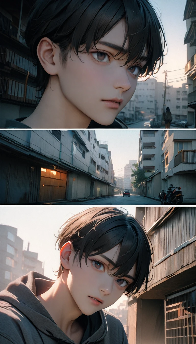 (8K, RAW photos, best quality, masterpiece: 1.4), (((Boy on bike)))，Ultra-high resolution, Extremely detailed, light, Upper body close-up, handsome boy, black eyes, (delicate eyes, Eyes are bright:1.2), Gray short hair, Fair skin,dark, Grey sweatshirt, sweatshirt with hood,(perfect anatomy:1.2), High-quality shadows, Natural Lighting, (White highlights:1.2), night, cloudy day, (Four-story residential building:1.2), (A dilapidated motorcycle parked:1.2)