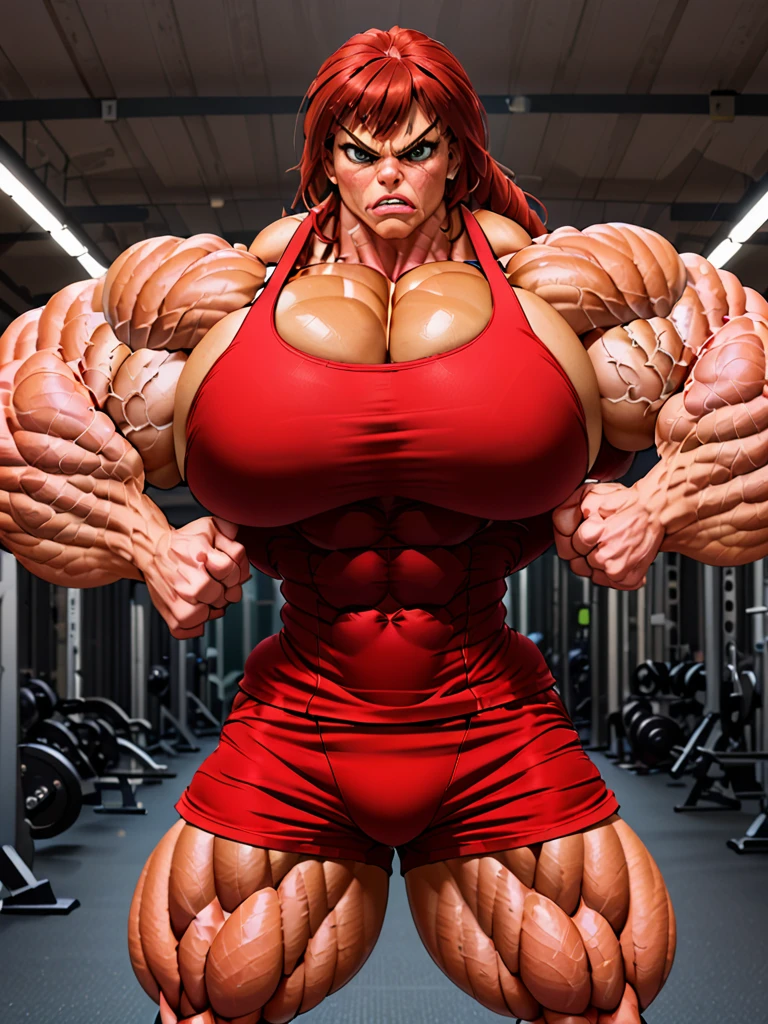 Muscle woman her huge flex biceps angry