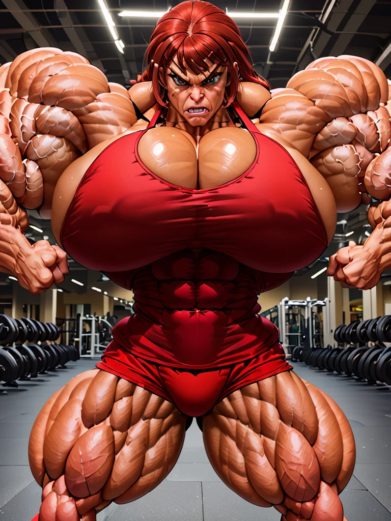 Muscle woman her huge flex biceps angry