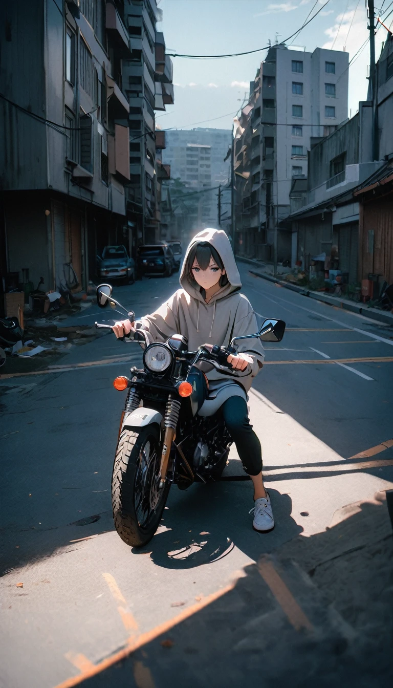 (8K, RAW photos, best quality, masterpiece: 1.4), (((Boy on bike)))，Ultra-high resolution, Extremely detailed, light, Upper body close-up, handsome boy, black eyes, (delicate eyes, Eyes are bright:1.2), Gray short hair, Fair skin,dark, Grey sweatshirt, sweatshirt with hood,(perfect anatomy:1.2), High-quality shadows, Natural Lighting, (White highlights:1.2), night, cloudy day, (Four-story residential building:1.2), (A dilapidated motorcycle parked:1.2)