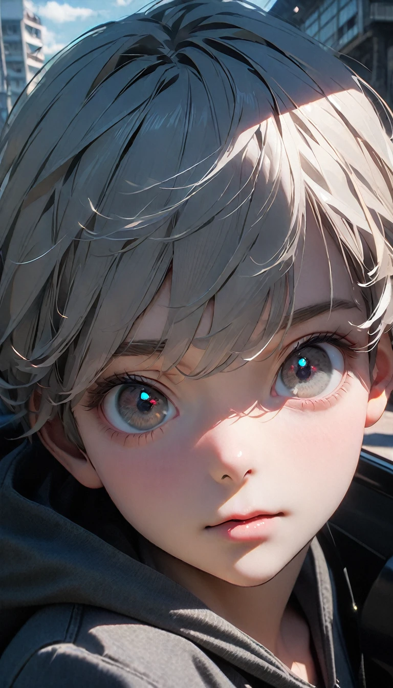 (8K, RAW photos, best quality, masterpiece: 1.4), (((Boy on bike))),Ultra-high resolution, Extremely detailed, light, Upper body close-up, handsome boy, black eyes, (delicate eyes, Eyes are bright:1.2), Gray short hair, Fair skin,dark, Grey sweatshirt, sweatshirt with hood,(perfect anatomy:1.2), High-quality shadows, Natural Lighting, (White highlights:1.2), night, cloudy day, (Four-story residential building:1.2), (A dilapidated motorcycle parked:1.2)