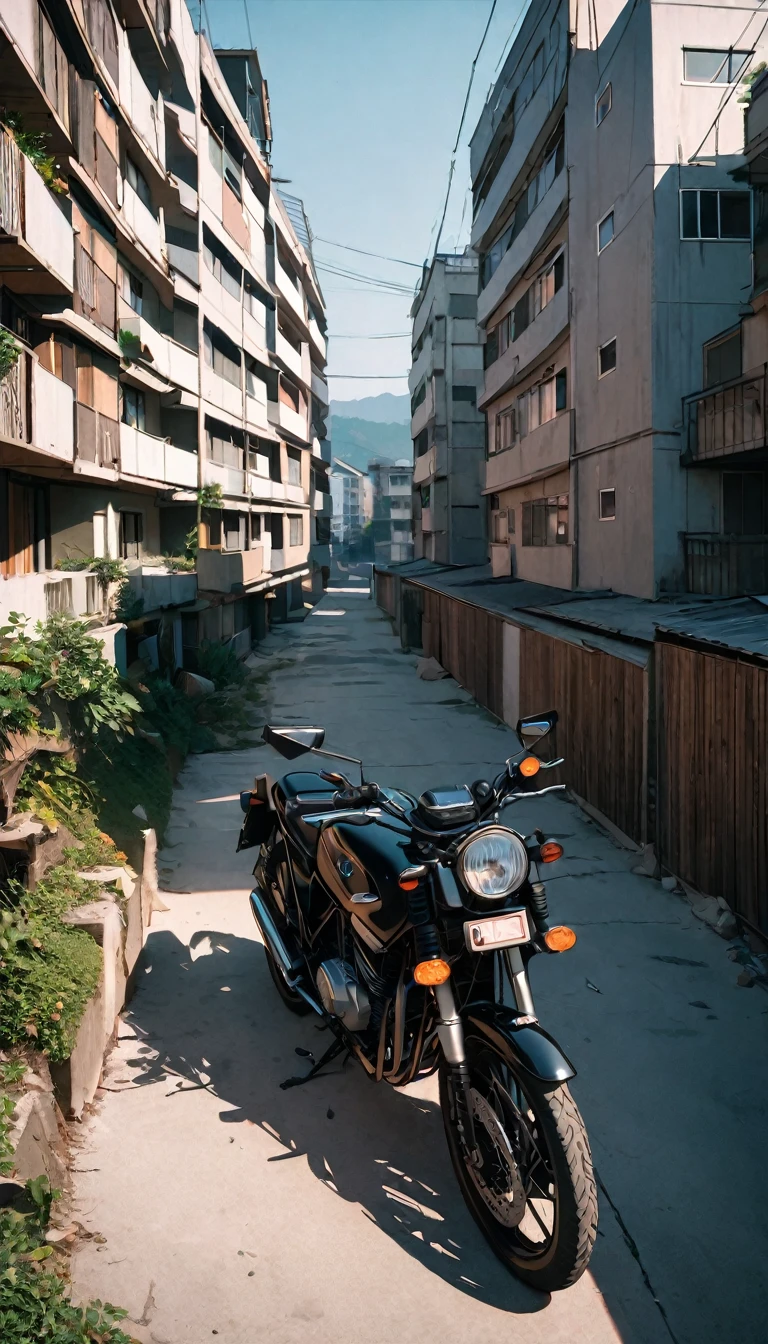 (8K, RAW photos, best quality, masterpiece: 1.4), (((Boy on bike)))，Ultra-high resolution, Extremely detailed, light, Upper body close-up, handsome boy, black eyes, (delicate eyes, Eyes are bright:1.2), Gray short hair, Fair skin,dark, Grey sweatshirt, sweatshirt with hood,(perfect anatomy:1.2), High-quality shadows, Natural Lighting, (White highlights:1.2), night, cloudy day, (Four-story residential building:1.2), (A dilapidated motorcycle parked:1.2)