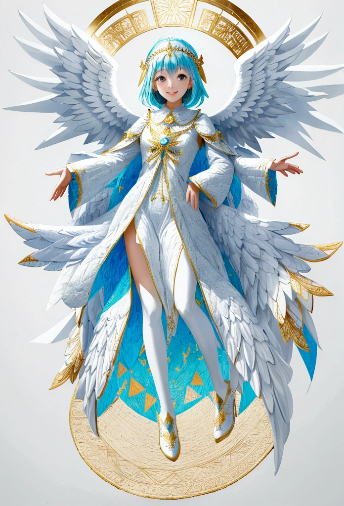 (Full Body Shot:1.4), White Background, (1 Angel Girl,Shining Wings, Hello, Beautiful headdress, smile), (Paper Art, Quilted Paper Art, geometry), Very colorful