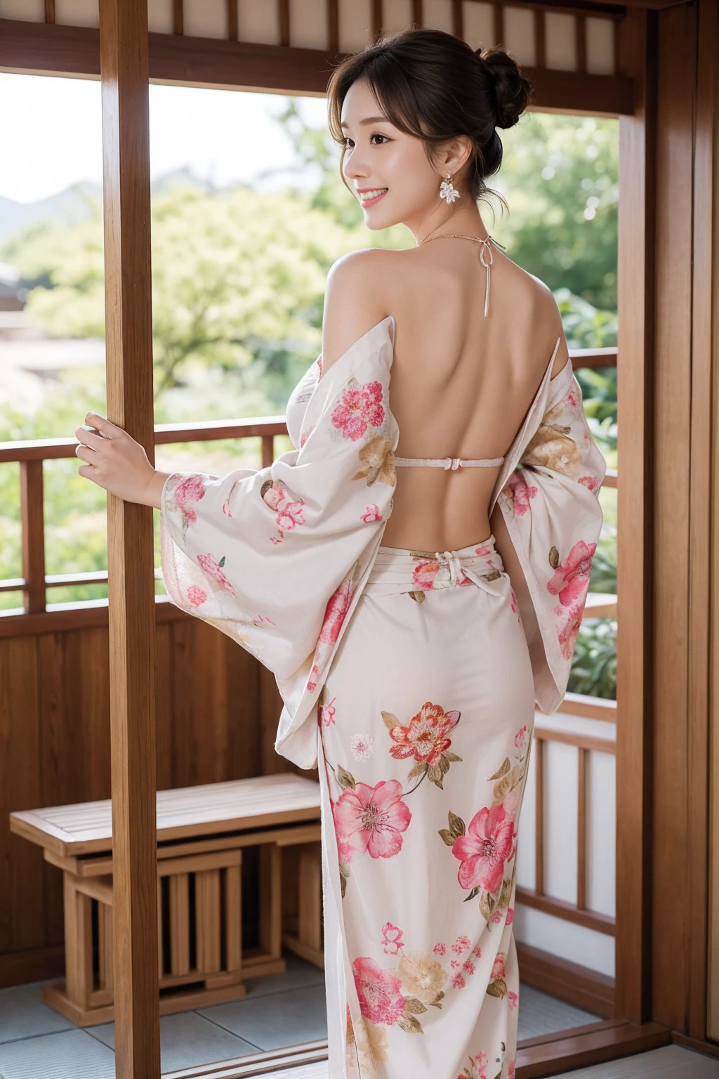 Highest quality,8K, Detailed facial depiction, Detailed description of the eyes,One Woman, Light brown hair(Medium-long hair),Hair tied up,Beautiful Japanese Girl,24-years-old,Cute eyes,Cute Smile,Yukata beauty,Golden floral yukata,Lace underwear,String panties,Slender body, Large, plump breast size, Long and beautiful legs,Smiling, Colorful earrings,necklace,Are standing,Beautiful nape,Japan tatami room,Feminine gestures,Dry landscape garden,wind chimes,Beautiful back view,Her yukata is open, revealing her beautiful shoulders.,Beautiful woman looking back