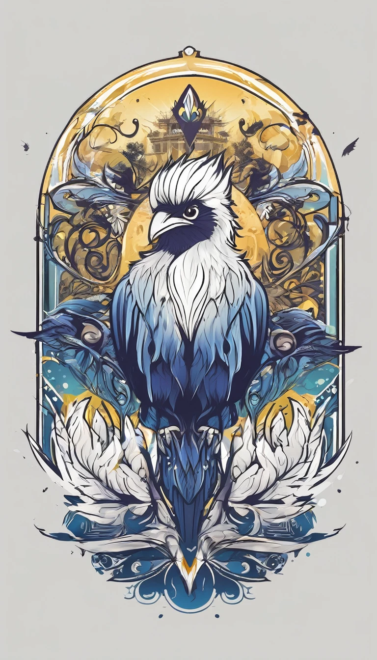 Create a minimalistic, simple, fantastic, easy to understand, logo design for an upcoming Fantasy Role Playing Game called " Penamemoria". The game is about a world full of bird and feathers. A boy enters that world and discovers his true artistic identity. Create a logo design that transmits the essence of this videogame. It´s a fantasy game, with fantasy elements. Create the logo in the center and a fantasy theme as background. Use the colours blue, white, yellow in the logo. The logo design must convey a sense of fantasy, dreams and music. Must convey a feeling of being a true Dreamer