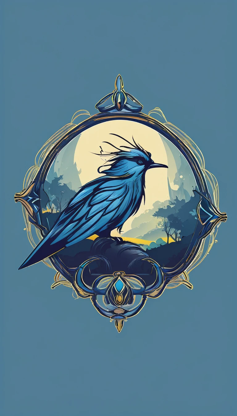 Create a minimalistic, simple, fantastic, easy to understand, logo design for an upcoming Fantasy Role Playing Game called " Penamemoria". The game is about a world full of bird and feathers. A boy enters that world and discovers his true artistic identity. Create a logo design that transmits the essence of this videogame. It´s a fantasy game, with fantasy elements. Create the logo in the center and a fantasy theme as background. Use the colours blue, white, yellow in the logo. The logo design must convey a sense of fantasy, dreams and music. Must convey a feeling of being a true Dreamer