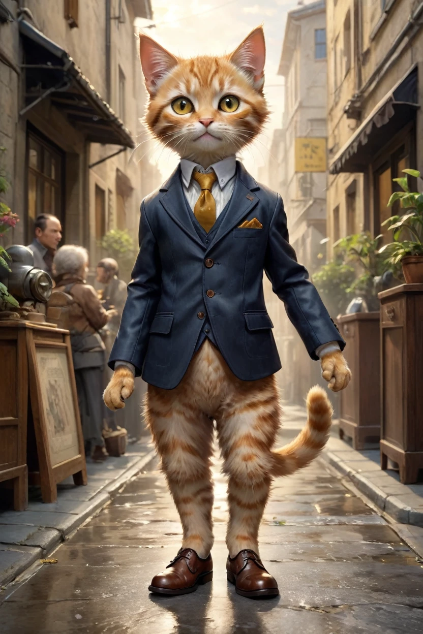 small, かわいいbornき物, Wearing a suit,Wearing suit pants, whole body, Wearing brown leather shoes, Are standing, Costumes, Fantasy art, Exquisite detail, Jean-Baptiste Monge Style, office Street、Alan Lee Style, Anthropomorphic yellow-eyed tabby furry kitten, Movie Scenes, Dramatic shot angles, , Realistic, born々Amazing cinematic photorealism, Action Portrait, 8K, detailed, Full Frame