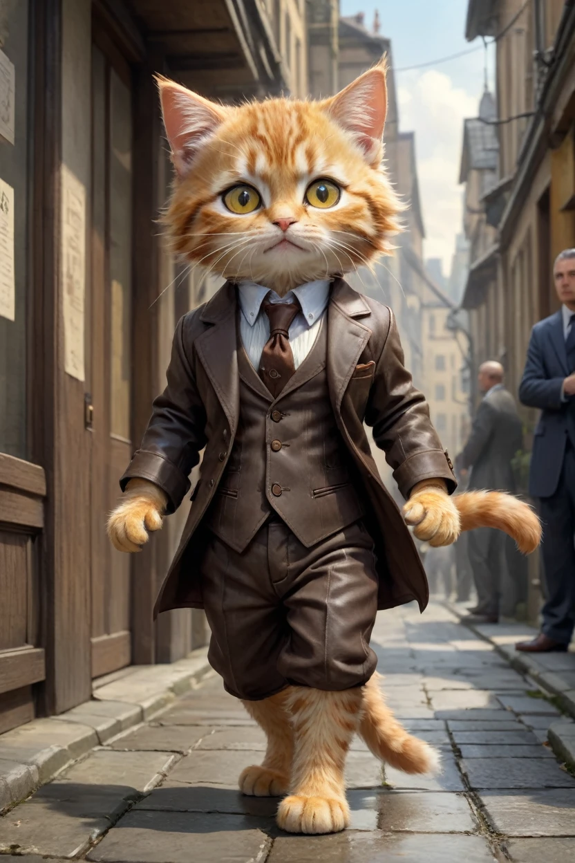 small, かわいいbornき物, Wearing a suit,Wearing suit pants, whole body, Wearing brown leather shoes, Are standing, Costumes, Fantasy art, Exquisite detail, Jean-Baptiste Monge Style, office Street、Alan Lee Style, Anthropomorphic yellow-eyed tabby furry kitten, Movie Scenes, Dramatic shot angles, , Realistic, born々Amazing cinematic photorealism, Action Portrait, 8K, detailed, Full Frame