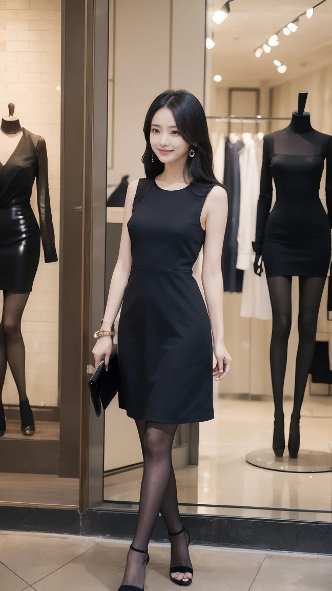 ((最high quality, 8K, masterpiece: 1.3, Ultra HD, high quality, 最high quality, High resolution, realism)) 、Very beautiful 22 year old Caucasian woman、Slim but well-proportioned body、Hair Color: Blonde、Blue Idium Hair、Straight hair、smile、Background Blur((Depth of written boundary))、Near and far in the air((Atmospheric perspective))、I want to keep my head out of the screen.、Put an anklet on your ankle、wearing red nail polish、Having a pedicure、Slim but well-proportioned body、Little black dress((Little black dress))wear、Put on stockings、wear stiletto heels、carrying a clutch bag、Window shopping for high-end brands((window shopping))do