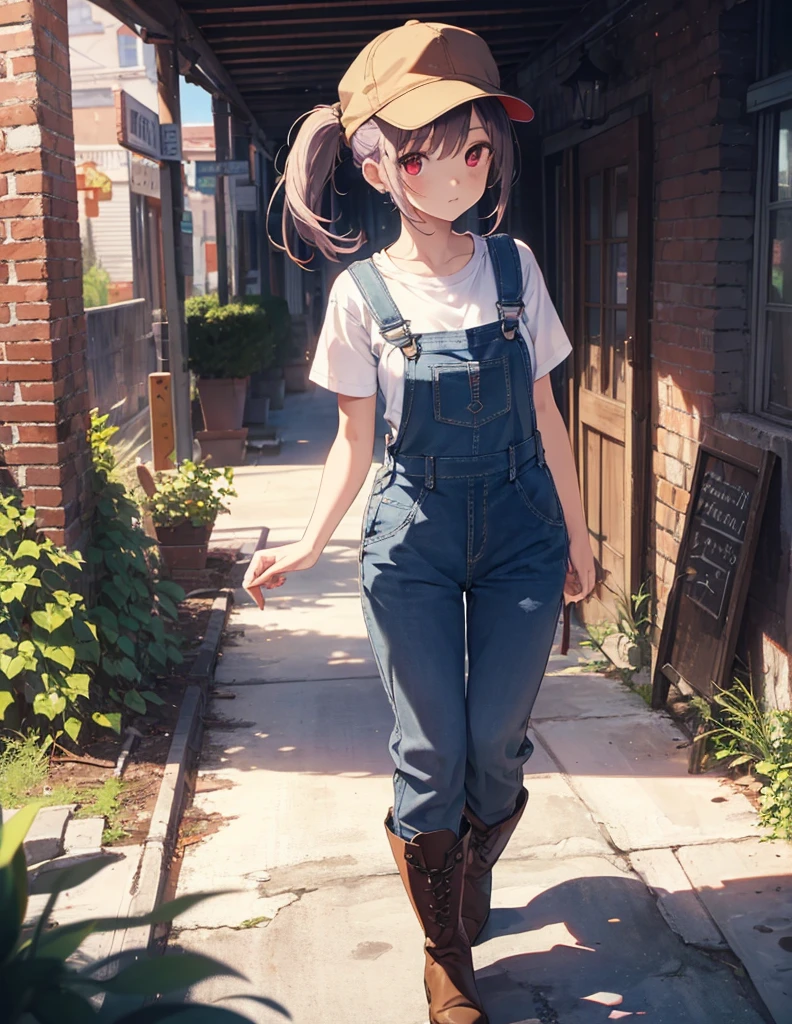 (Close-up:1.3),Realistic,Highest quality, Super detailed, High-quality CG rendering, The most delicate and beautiful, Floating softly, High resolution, (1 girl), (Highest quality,4K,8K,masterpiece:1.2), Light purple hair,(Long ponytail:1.5),Red eyes,(Brown overalls:1.3),(Pure white T-shirt:1.3),(Brown hunting hat:1.3),(Brown boots:1.3),In the city,old buildings,(whole body:1.3),(Are standing:1.3),