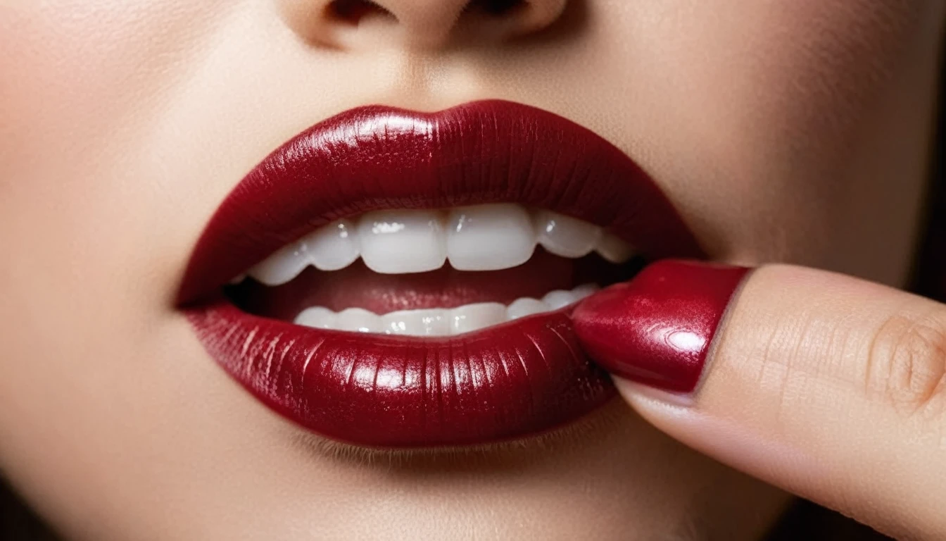 a gentle kiss, evil laughing mouth, Dark red lips, glossy lips, Focus only on the mouth, Woman mouth close up, Fashion lipstick, kiss icon, Girl cosmetics, from front