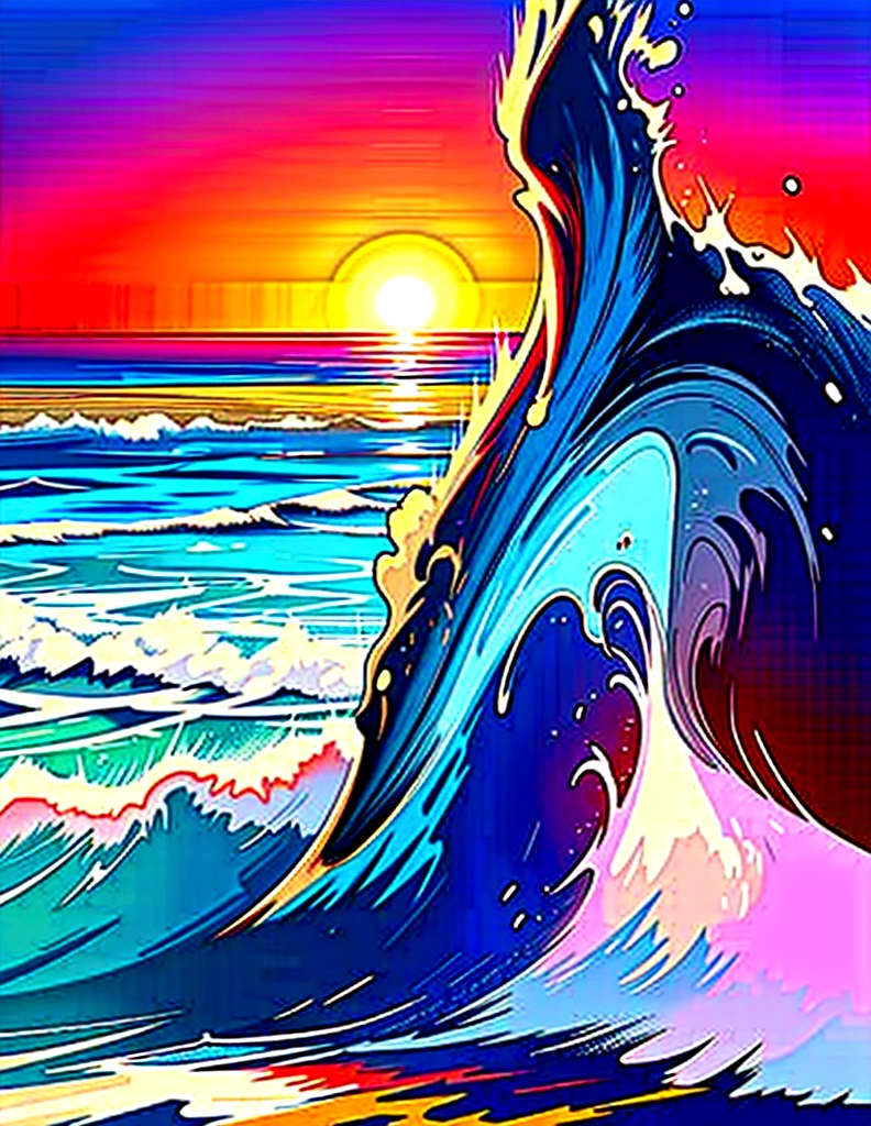 Close-up of huge waves crashing on the beach, palette knife and brush stokes, unmanned, The sun has almost completely set、Darkening