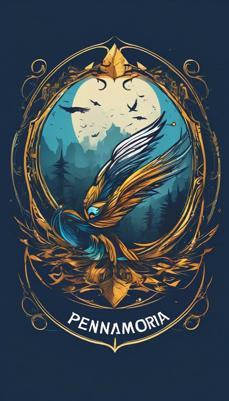 Create a cinematic, abstract symbol for a storytelling production brand based on stories and dreams called " Penamemoria". The logo should convey a fantasy theme and include the company of a boy and a feather. Fantastic, memorable, poetic, dreamy, sitting against a tree and playing guitar to a fantastic, unique, poetic white-blue-golden feather.