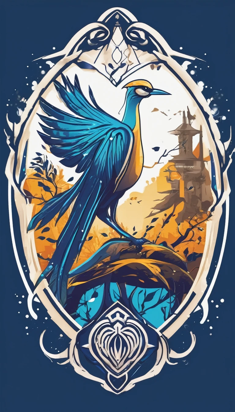Create a minimalistic, simple, fantastic, easy to understand, logo design for an upcoming Fantasy Role Playing Game called " Penamemoria". The game is about a world full of bird and feathers. A boy enters that world and discovers his true artistic identity. Create a logo design that transmits the essence of this videogame. It´s a fantasy game, with fantasy elements. Create the logo in the center and a fantasy theme as background. Use the colours blue, white, yellow in the logo. The logo design must convey a sense of fantasy, dreams and music. Must convey a feeling of being a true Dreamer