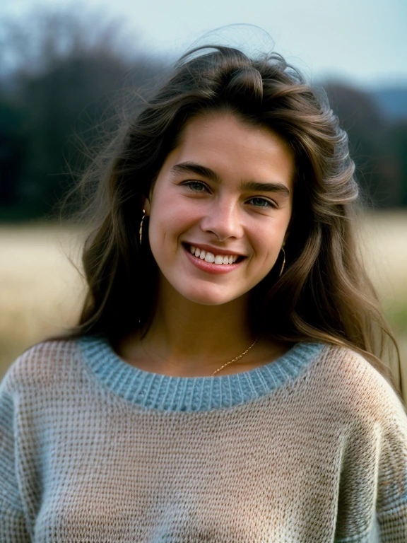 Beautiful Woman, One girl,alone,Long Hair,View your viewers,smile,blue eyes,Simple Background,Brown Hair,Upper Body,teeth,Grin,sweater,lips,compensate,Realistic,Soft lighting, Professional photography, PhotoRealistic, detailed, born, analog, Sharp focus, 8K, High resolution, high quality, masterpiece,Blonde