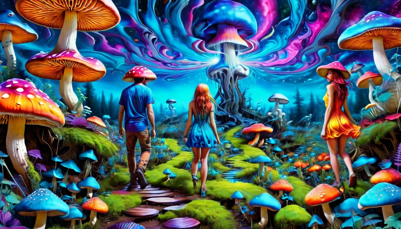 a painting of a woman and a man surrounded by mushrooms, psychedelic goddess and psychedelic god, dan mumford and alex grey style, psytrance artwork, alex grey and tim hildebrandt, dmt goddess, lsd god, hyper - detailed visionary art, dmt art, trippy art, psychedelic art, hyper detailed visionary art, highly detailed visionary art, visionary art style, visionary art, psychedelic artwork