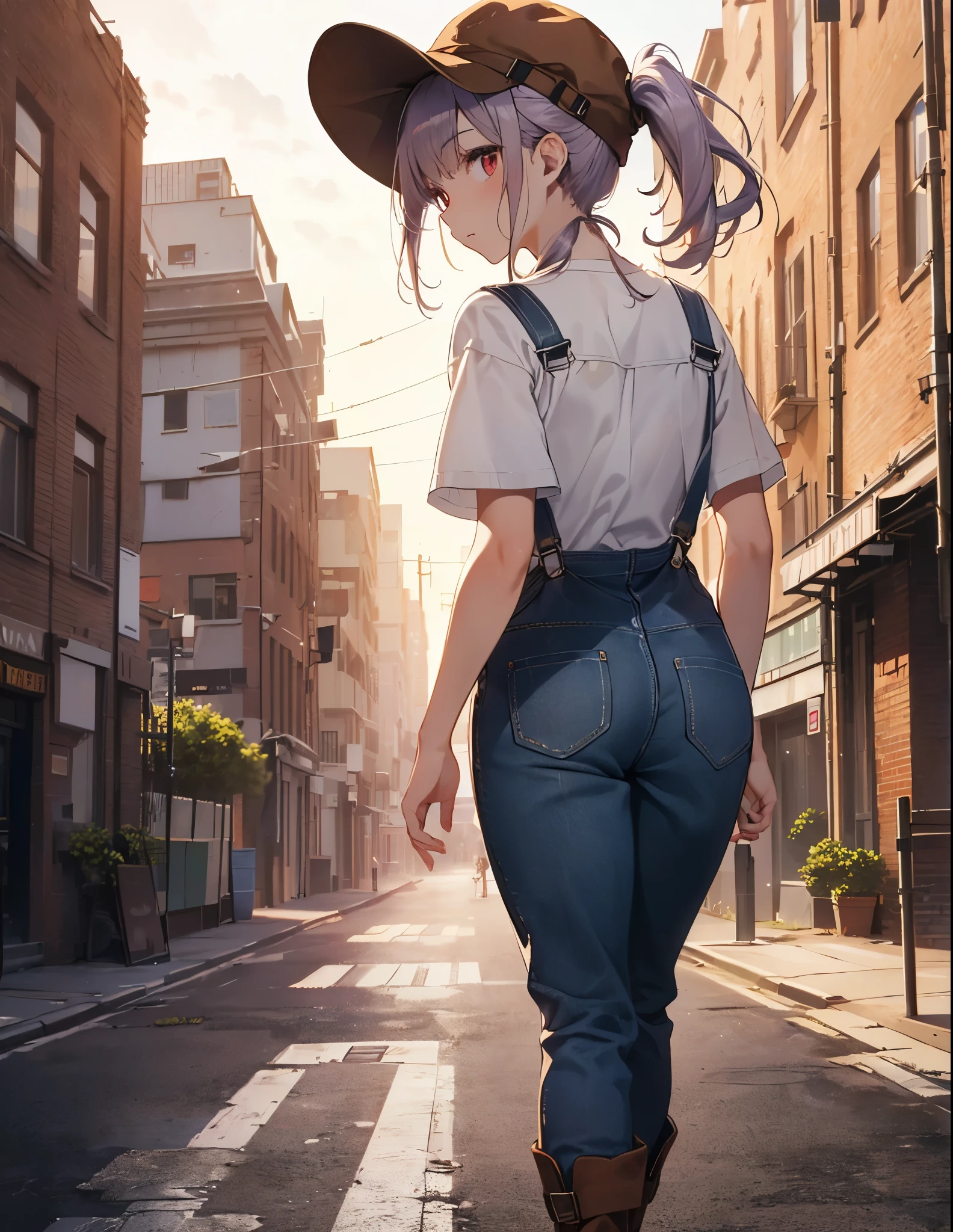 (Close-up:1.3),Realistic,Highest quality, Super detailed, High-quality CG rendering, The most delicate and beautiful, Floating softly, High resolution, (1 girl), (Highest quality,4K,8K,masterpiece:1.2), Light purple hair,(Long ponytail:1.5),Red eyes,(Brown overalls:1.3),(Pure white T-shirt:1.3),(Brown hunting hat:1.3),(Brown boots:1.3),In the city,old buildings,(whole body:1.3),(Are standing:1.3),(Turn your back to your audience:1.3),Butt