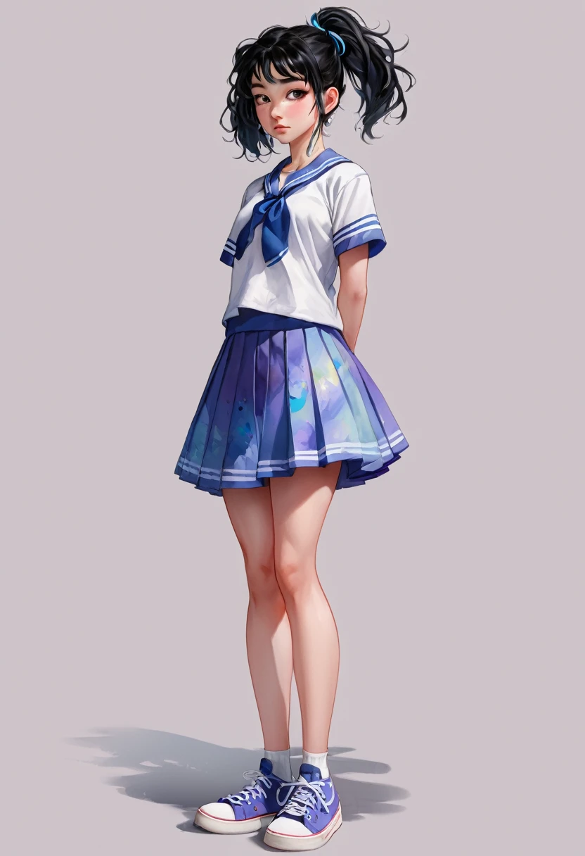 XG,Plain background,High School Uniform:2,Knee-length skirt:2,Fantasy digital watercolor painting,One girl,sneakers,Standing pose,whole body,Black Hair,eyelash,eye shadow,Nose Piercing,Lip Piercing,Face Art,anime,high school student,Asian Girl,Staring at the audience,In-person audience,cool,masterpiece,Very detailed,8k wallpaper,Highest quality,