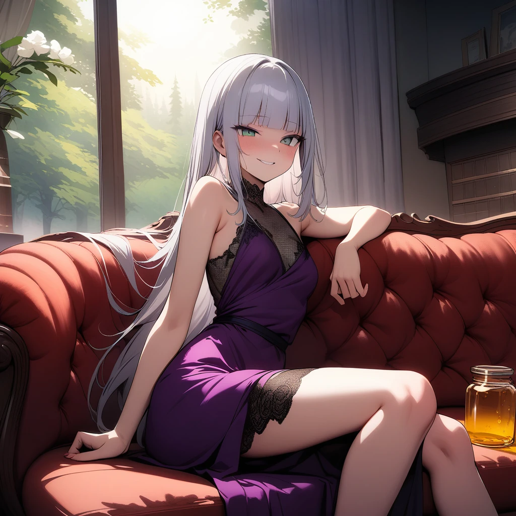 (masterpiece),(best quality),very aesthetic,(ultra-detailed),(illustration),(degenerate),very aesthetic,nsfw,1girl,yo,slender,long hair,silver hair,straight hair,(blunt bangs),dark blue alluring eyes,smirk,comfortable,An elegant and sophisticated outfit perfect for a party, featuring a purple velvet dress with green lace accents,long sleeves,Fabrics in shimmering shades from the shoulders to the arms,bare legs,Honey Dipper,Jar of honey,looking at jar of honey,ecstasy,happy,inroom,couch,reclining,on couch,daytime,Lascivious atmosphere,fantastic atmosphere,Sunlight shining through the window,forest landscape,backlighting,Lace curtains flutter in the wind,Toxic green colored lace panties,Old furnishings,dusty room