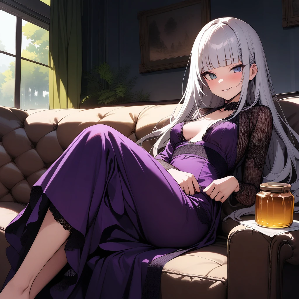 (masterpiece),(best quality),very aesthetic,(ultra-detailed),(illustration),(degenerate),very aesthetic,nsfw,1girl,,slender,long hair,silver hair,straight hair,(blunt bangs),dark blue alluring eyes,smirk,comfortable,An elegant and sophisticated outfit perfect for a party, featuring a purple velvet long dress with green lace accents,Rough red mesh fabric from shoulder to arm,Jar of honey,ecstasy,happy,inroom,couch,reclining,daytime,Lascivious atmosphere,fantastic atmosphere,Sunlight shining through the window,forest landscape,Lace curtains flutter in the wind,Toxic green colored lace panties,Old furnishings,dusty room