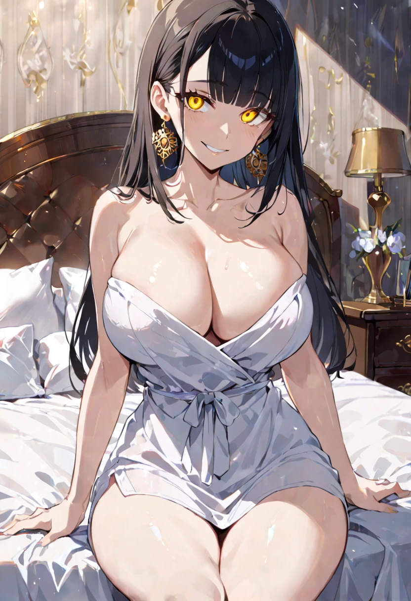 1girl, ((naked towel)), breasts,(masterpiece),(intricate details),nsfw,nude,(huge breasts),huge breasts:1.5, 1girl,pale skin,mature female,straight hair,long black hair,(((evil smile))),((smile)), BREAK , gold_earrings, ((bedroom)),sitting on bed,((upper thigh)) BREAK looking at viewer,((slanted eyes)),eyesight,big eyes,blunt bangs,