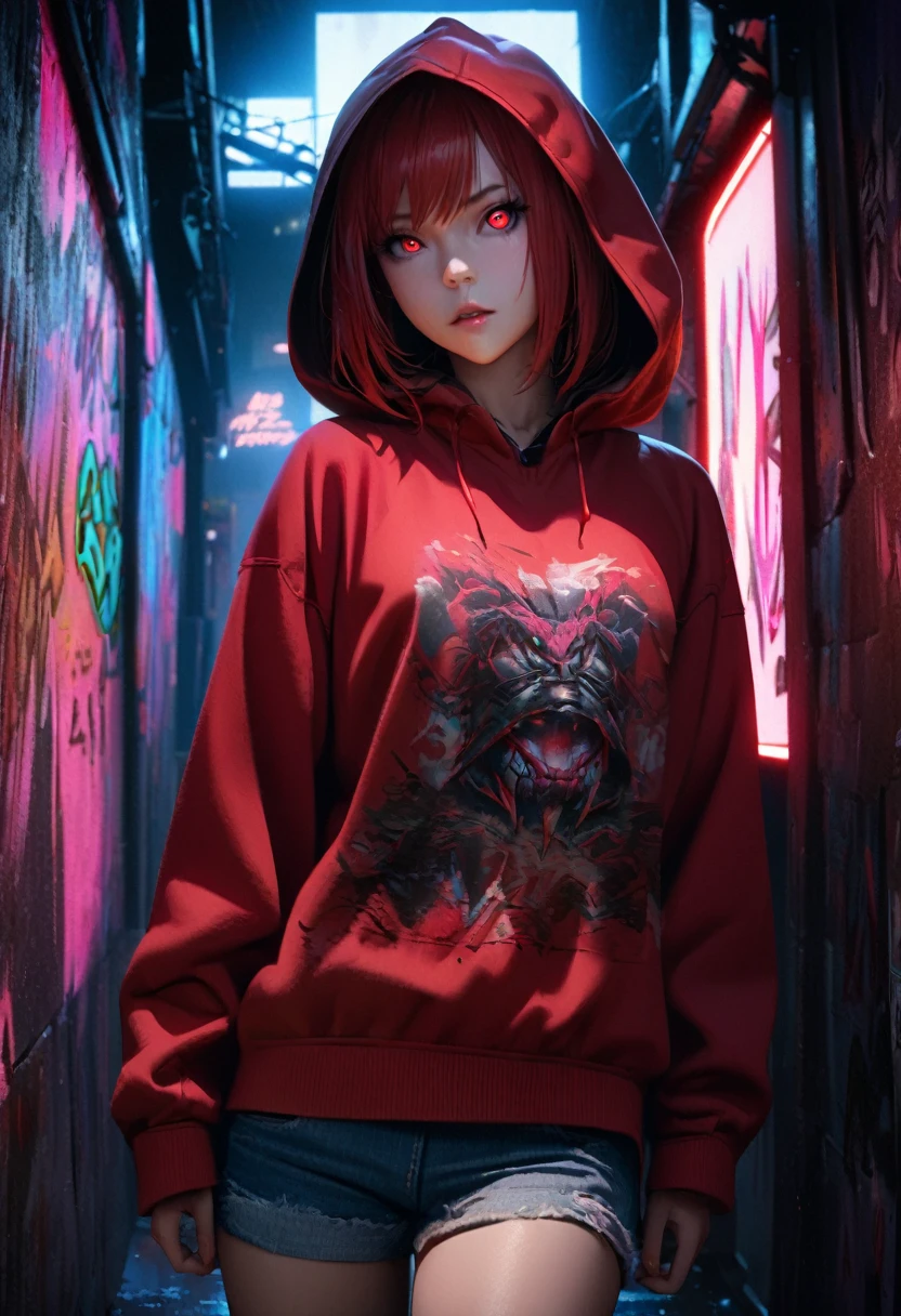 1girl, red hair, red pupils, red hoodie, wearing the hood, jean shorts, dark alley background, japanese graffiti background, red led background, detailed face, high quality, 8k, photorealistic, dramatic lighting, cinematic, neon lights, moody atmosphere, cyberpunk aesthetic, hyper-detailed