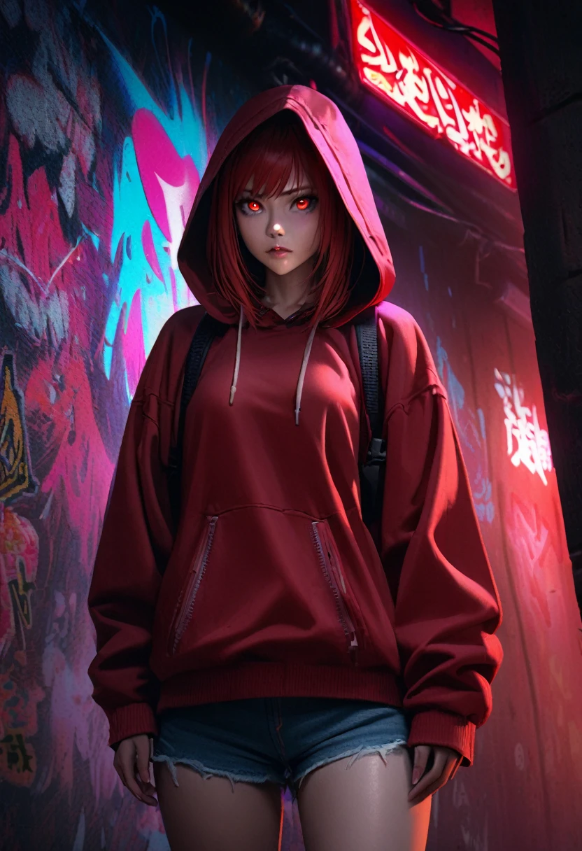 1girl, red hair, red pupils, red hoodie, wearing the hood, jean shorts, dark alley background, japanese graffiti background, red led background, detailed face, high quality, 8k, photorealistic, dramatic lighting, cinematic, neon lights, moody atmosphere, cyberpunk aesthetic, hyper-detailed
