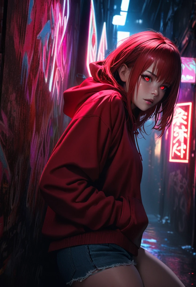 1girl, red hair, red pupils, red hoodie, wearing the hood, jean shorts, dark alley background, japanese graffiti background, red led background, detailed face, high quality, 8k, photorealistic, dramatic lighting, cinematic, neon lights, moody atmosphere, cyberpunk aesthetic, hyper-detailed