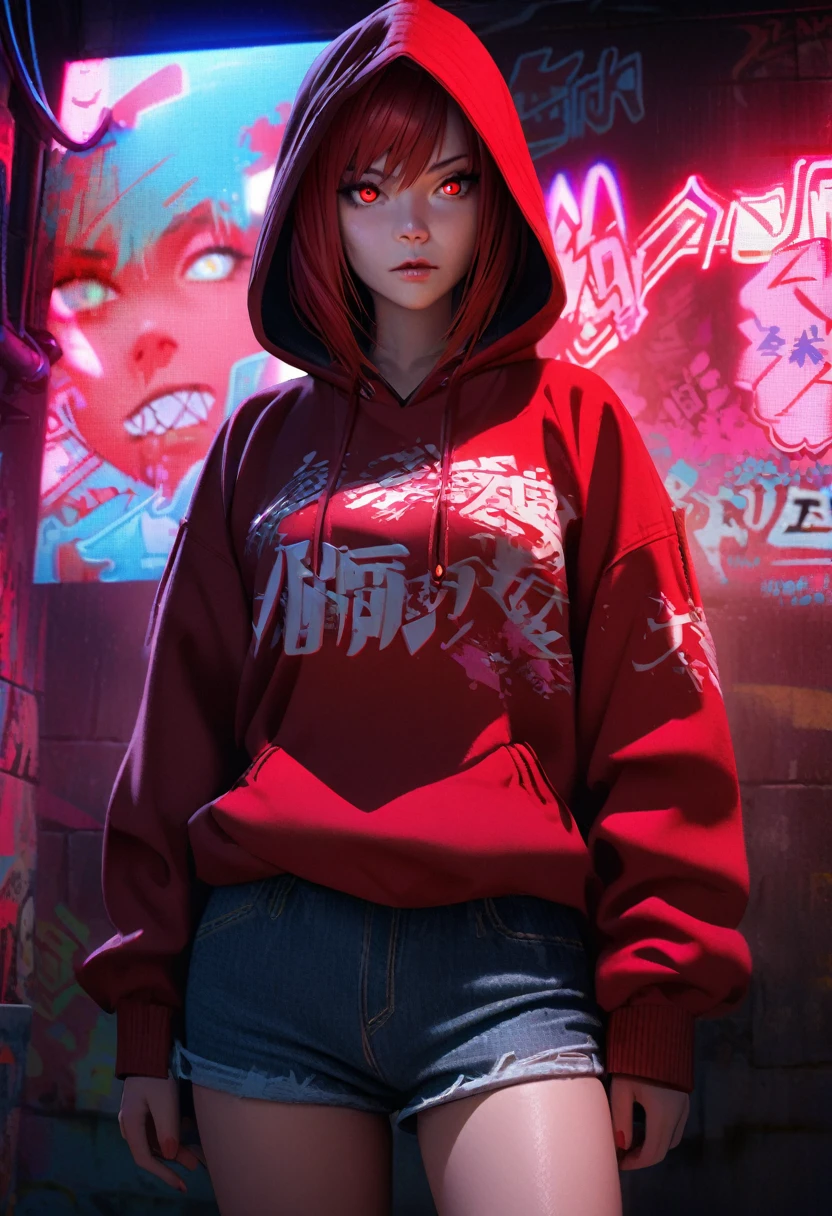 1girl, red hair, red pupils, red hoodie, wearing the hood, jean shorts, dark alley background, japanese graffiti background, red led background, detailed face, high quality, 8k, photorealistic, dramatic lighting, cinematic, neon lights, moody atmosphere, cyberpunk aesthetic, hyper-detailed