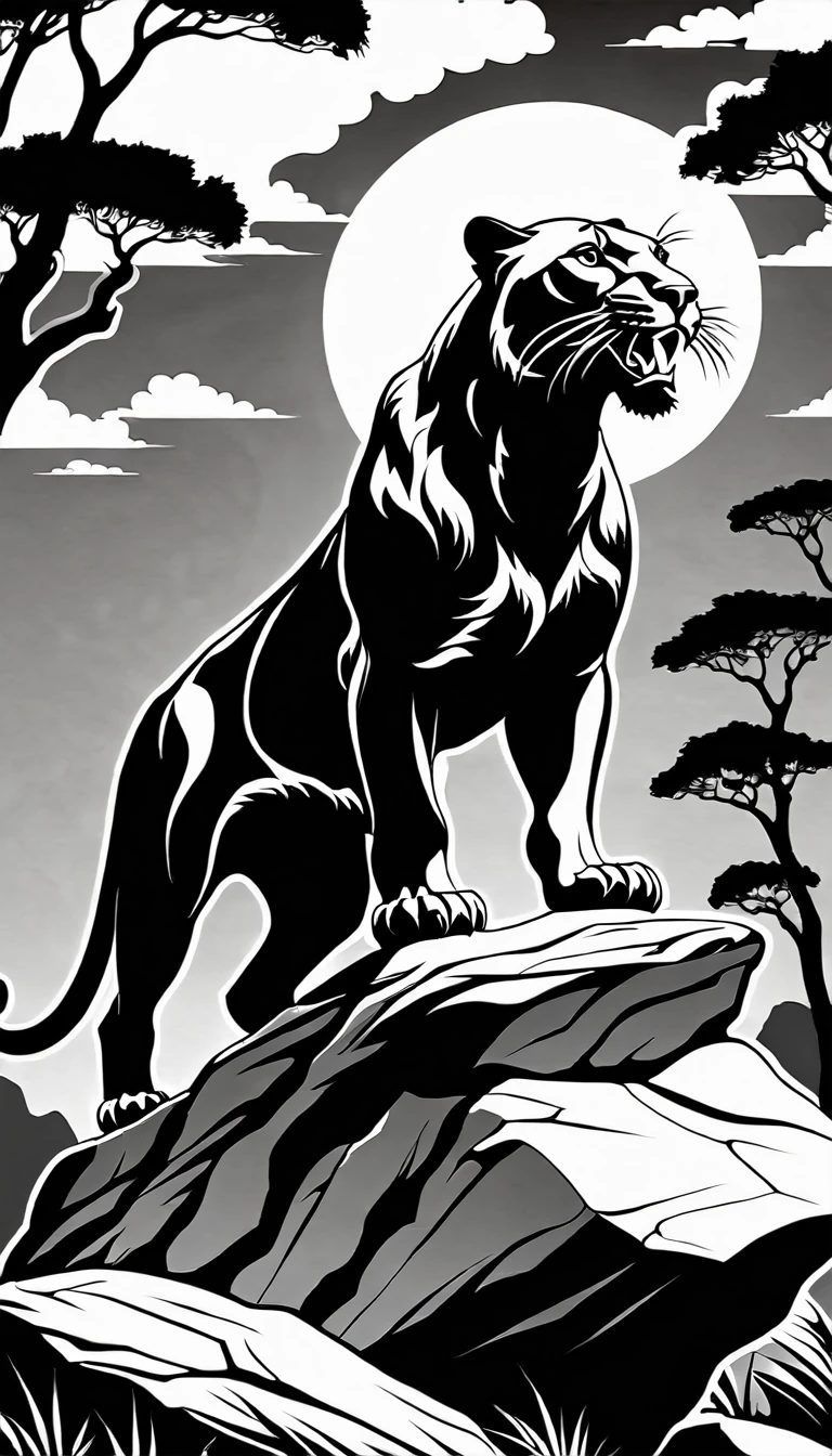 a black and white image of a panther standing on a rock with its mouth open, panther  icon, panther , the man riding is on the panther ,panther , third panther  head, black and white vector art, half panther , panther  head, panther  with crown, 2 d full body panther , highly detailed vector art, aslan the panther , black and white vector, vector art for cnc plasma, panther  body, vector images, fire panther , king of the jungle, complete whole panther  body, roaring