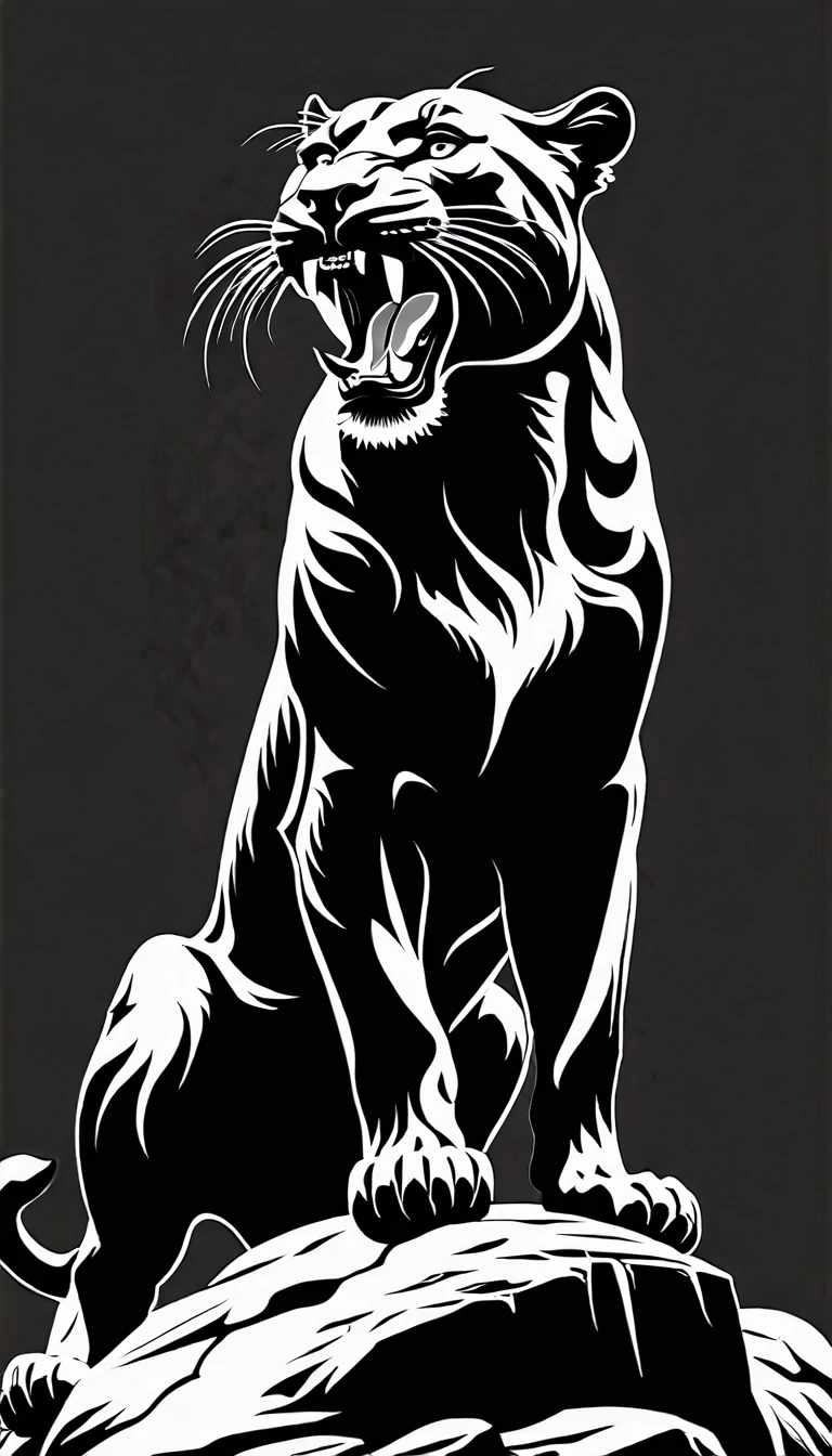 a black and white image of a panther standing on a rock with its mouth open, panther icon, panther , the man riding is on the panther ,panther , third panther head, black and white vector art, half panther , panther head, panther with crown, 2 d full body panther , highly detailed vector art, aslan the panther , black and white vector, vector art for cnc plasma, panther body, vector images, fire panther , king of the jungle, complete whole panther body, roaring