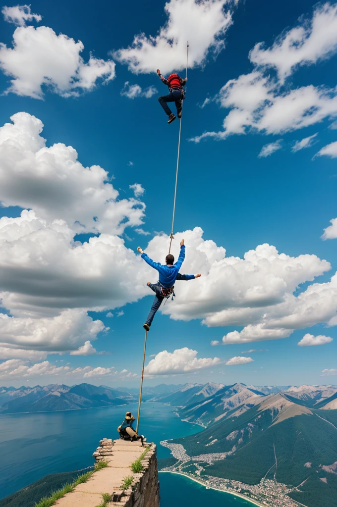 make a realistic picture that man climing to heaven with lader
