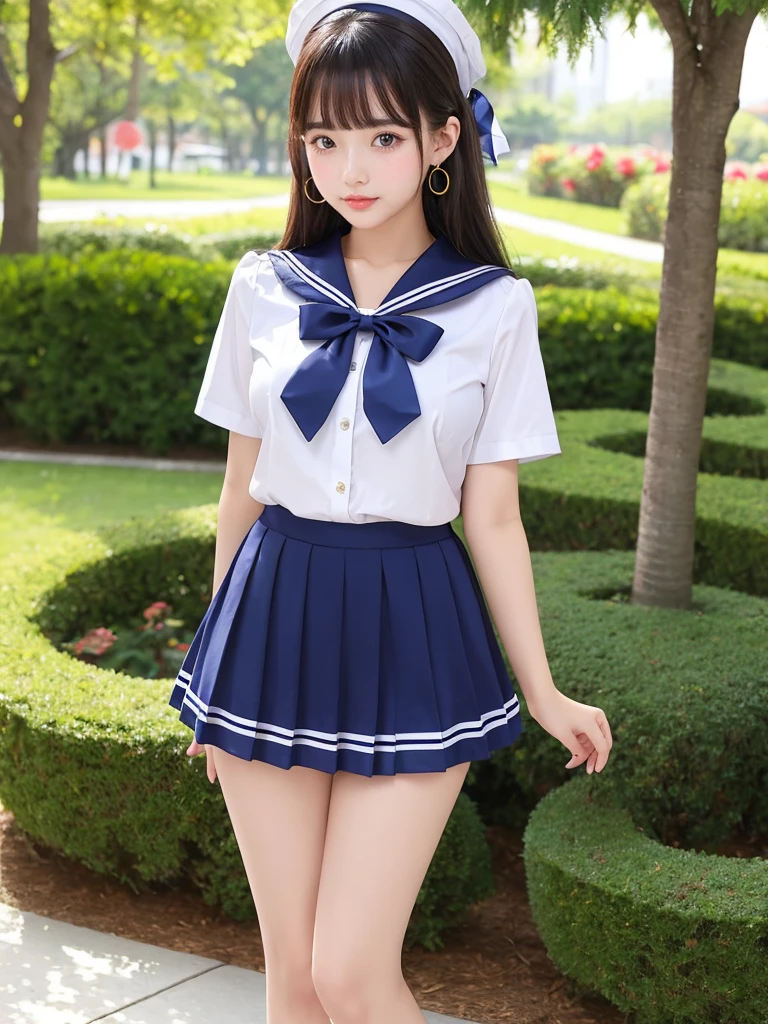 Beautiful woman、cute、Plump body、Big Tits、Earrings、Are standing、Ribbon in hair、Super mini skirt short sleeve sailor uniform、Ribbon on chest、garden、(Shiny skin:1.3)、From the thigh up