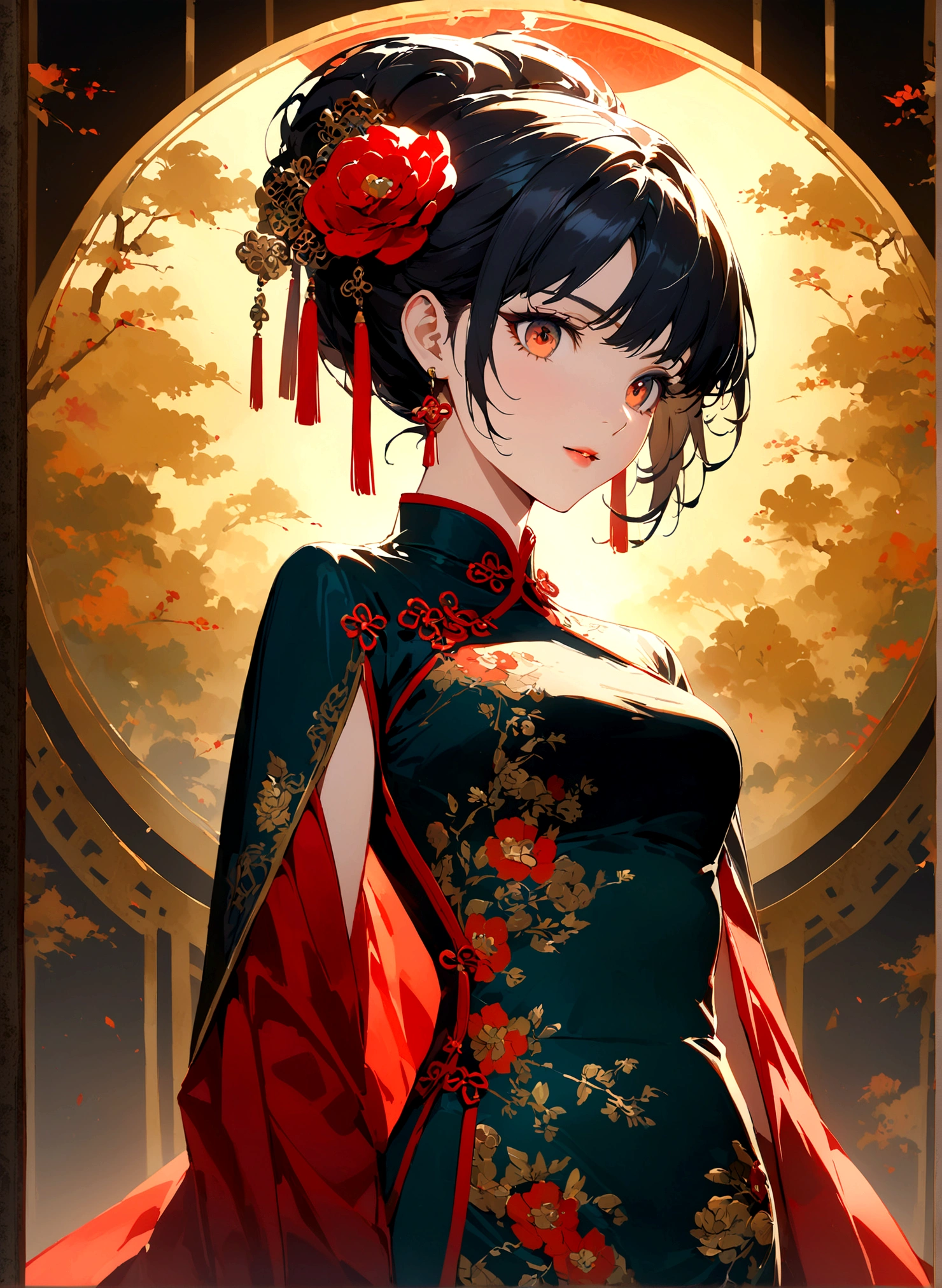 A woman in a qipao, elegant and graceful, adorned with exquisite embroidery and floral patterns. The traditional elements and oriental charm exude a classical and luxurious aura. The qipao features intricate details and a vintage style, enhanced by the play of light and shadow for a visually stunning effect. The artwork is rendered in high quality, showcasing the beauty of the traditional Chinese dress.