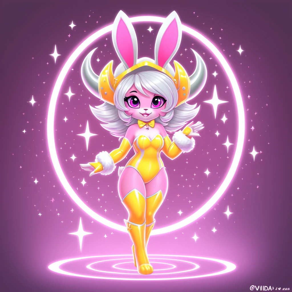 Adva dressed in a bunny costume of yellow armor with silver circles and a silver horned helm a white glow all around them with vivid-pink sparkles intermixed