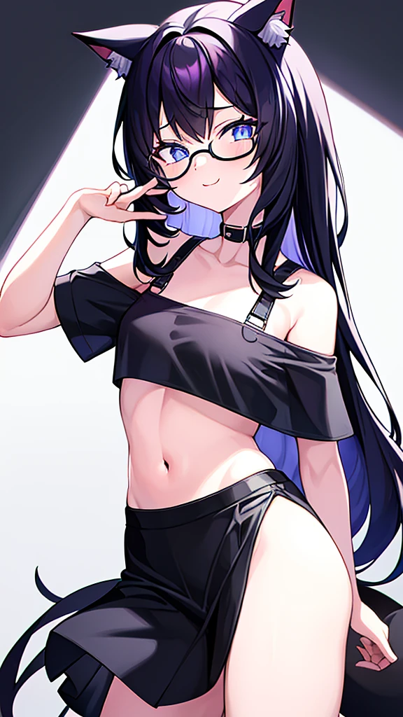 An 18-year-old cat girl with long black hair with purple ends, blue eyes, chest, and round-shaped glasses. (black crop top shirt, Black off-the-shoulder shirt, sleeveless, Cat pattern in the middle of the shirt),school short black skirt, black panties, standing,