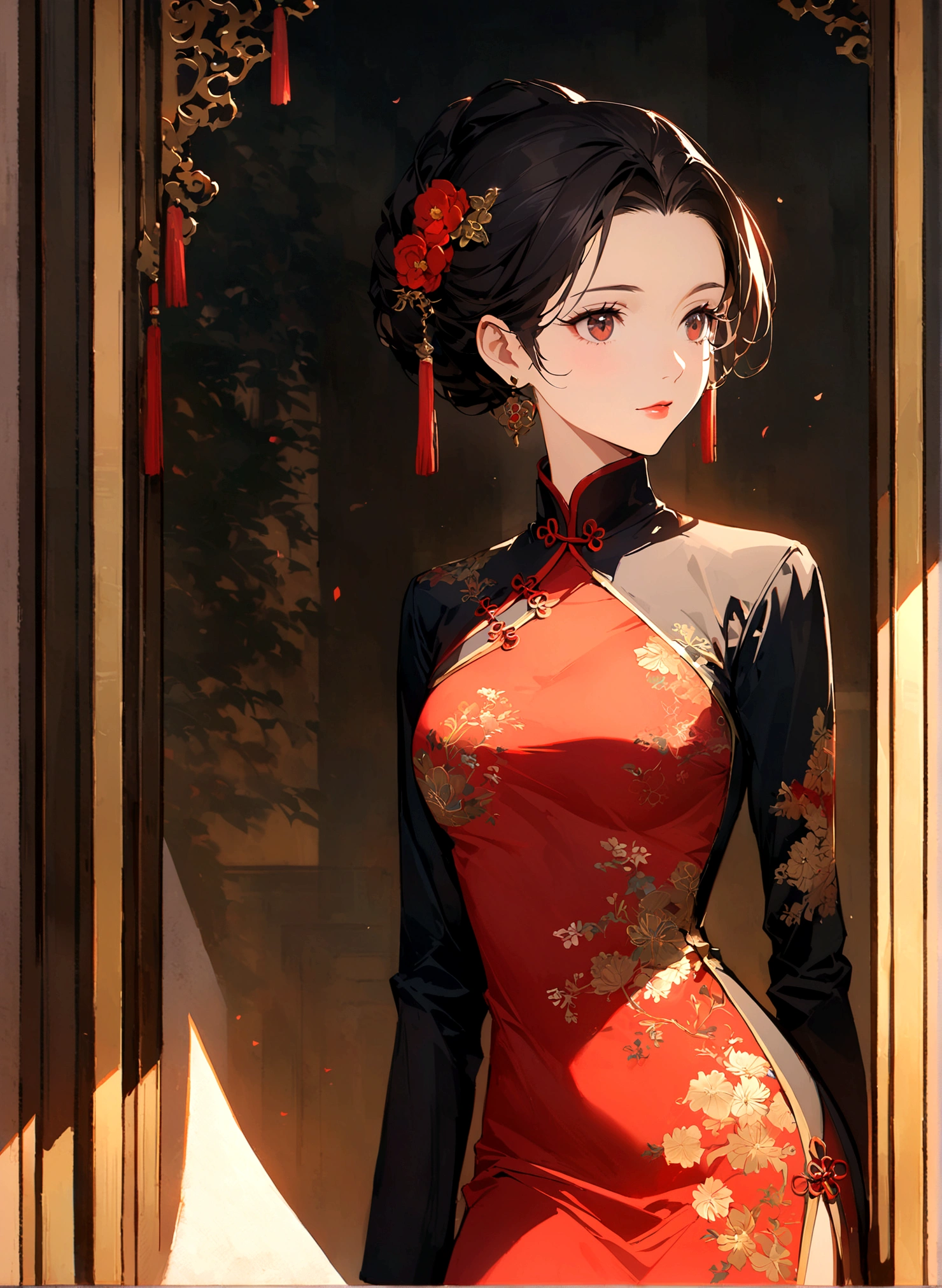 A woman in a qipao, elegant and graceful, adorned with exquisite embroidery and floral patterns. The traditional elements and oriental charm exude a classical and luxurious aura. The qipao features intricate details and a vintage style, enhanced by the play of light and shadow for a visually stunning effect. The artwork is rendered in high quality, showcasing the beauty of the traditional Chinese dress.