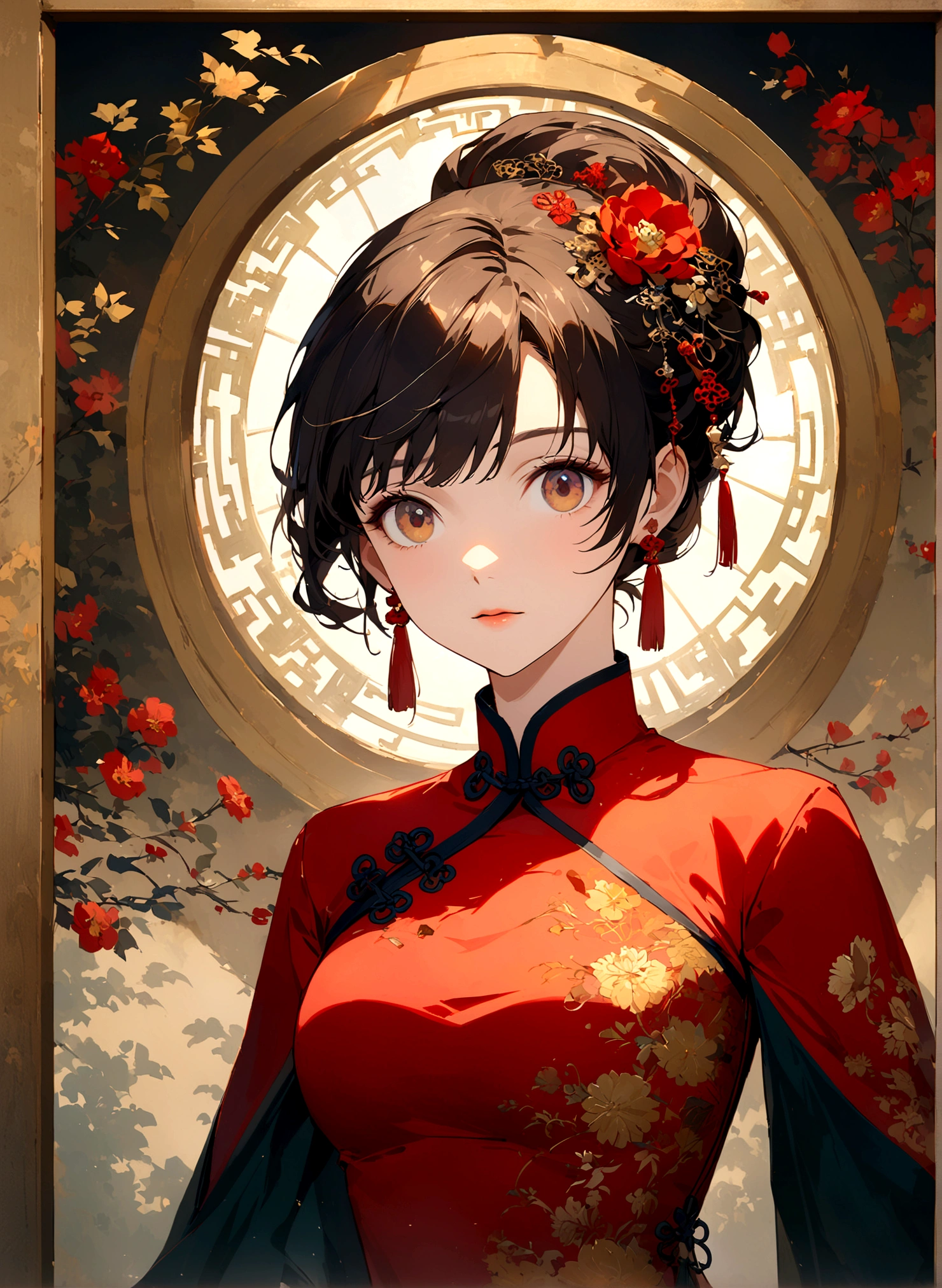 A woman in a qipao, elegant and graceful, adorned with exquisite embroidery and floral patterns. The traditional elements and oriental charm exude a classical and luxurious aura. The qipao features intricate details and a vintage style, enhanced by the play of light and shadow for a visually stunning effect. The artwork is rendered in high quality, showcasing the beauty of the traditional Chinese dress.