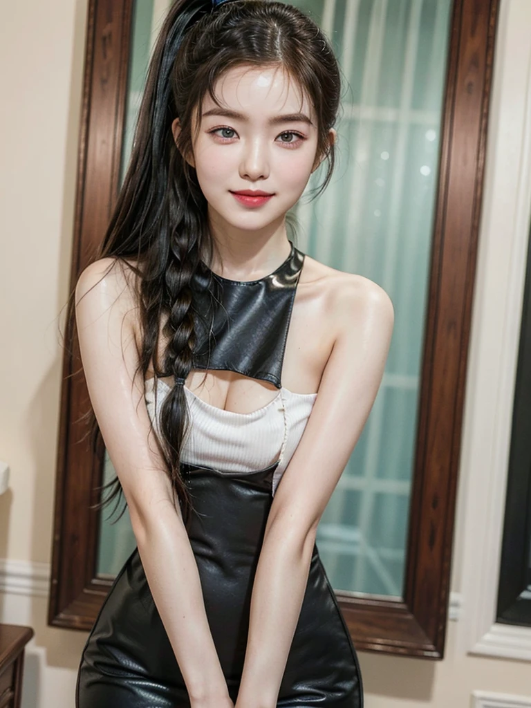 (Best quality, masterpiece, detailed), (RAW, 4k, hd images), shy, 1 girl, , white skin, long hair, ponytail, layers hair, bangs, black hair, beautiful girl, cute girl, sweet girl, pretty girl,perfect girl, pretty eyes, blue eyes, thin lips, thin,(eye line, lip stick pink soft) perfect , glasses(detailed frame), indoors, smile, black bodycon dress, full body, thigh