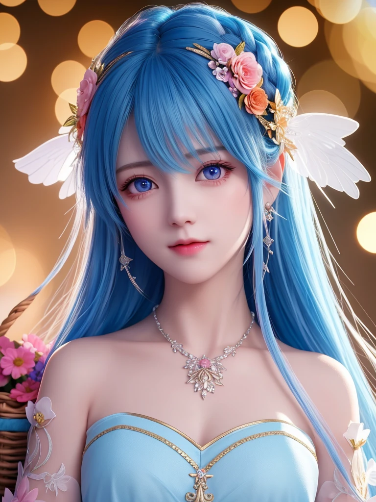 best quality, masterpiece, High target, There is a girl with a basket of flowers on her head, beautiful clothes, Hair Decorationss, necklace, Decorations, Pretty Face, When the body, Tyndall effect, Realistic Portraits, Edge lighting, Two-color light, (Very delicate skin:1.2), 8K uhd, Digital SLR Camera, Soft Light, high quality, Volumetric Lighting, Honest, photo, high resolution, 4K, 8K, Bokeh, Blue hair，Orange hair tips, Pink Eyes.