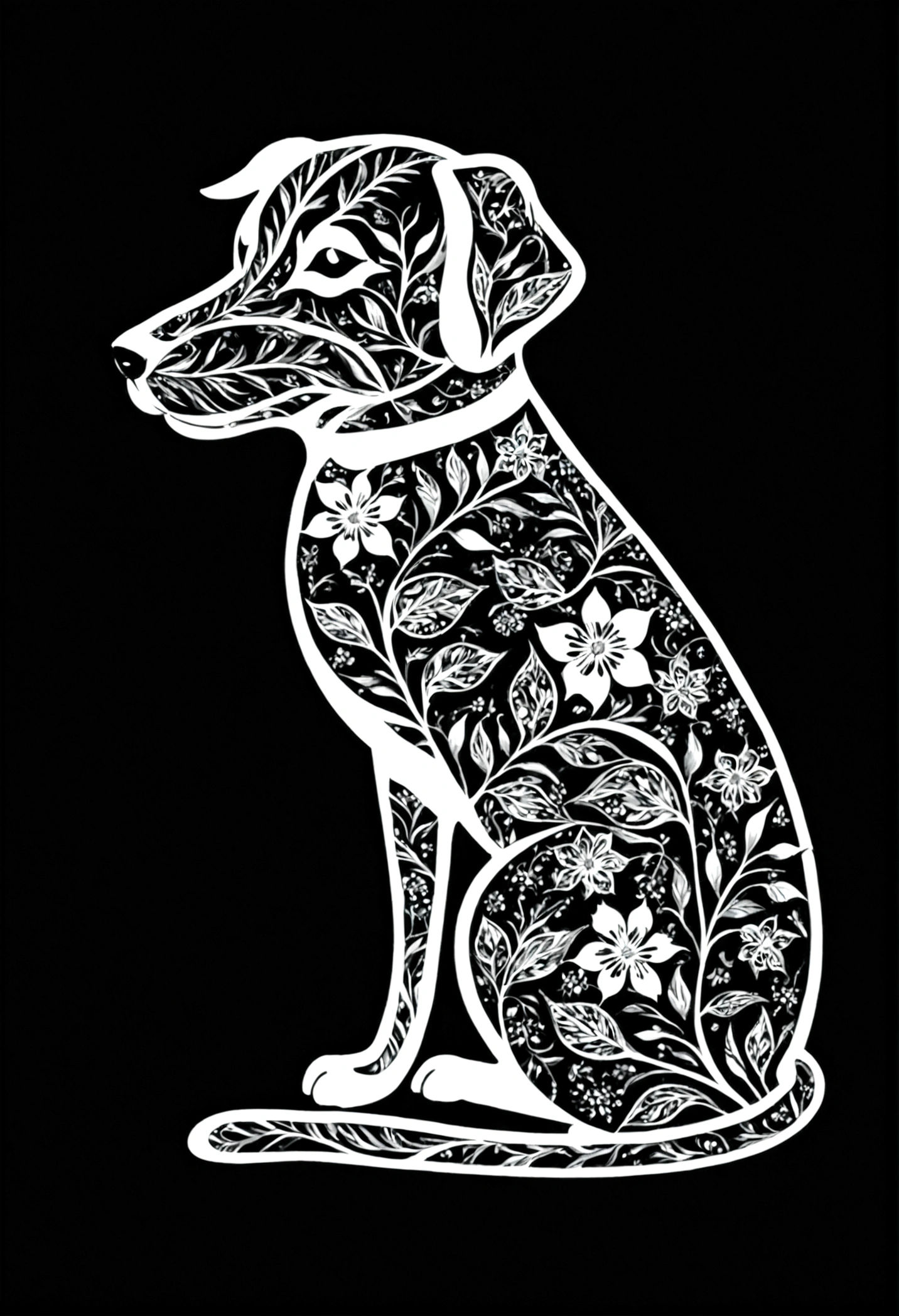 A white silhouette design with one dog,Black Background,Beautiful silhouette,looking at the camera,Biologically correct