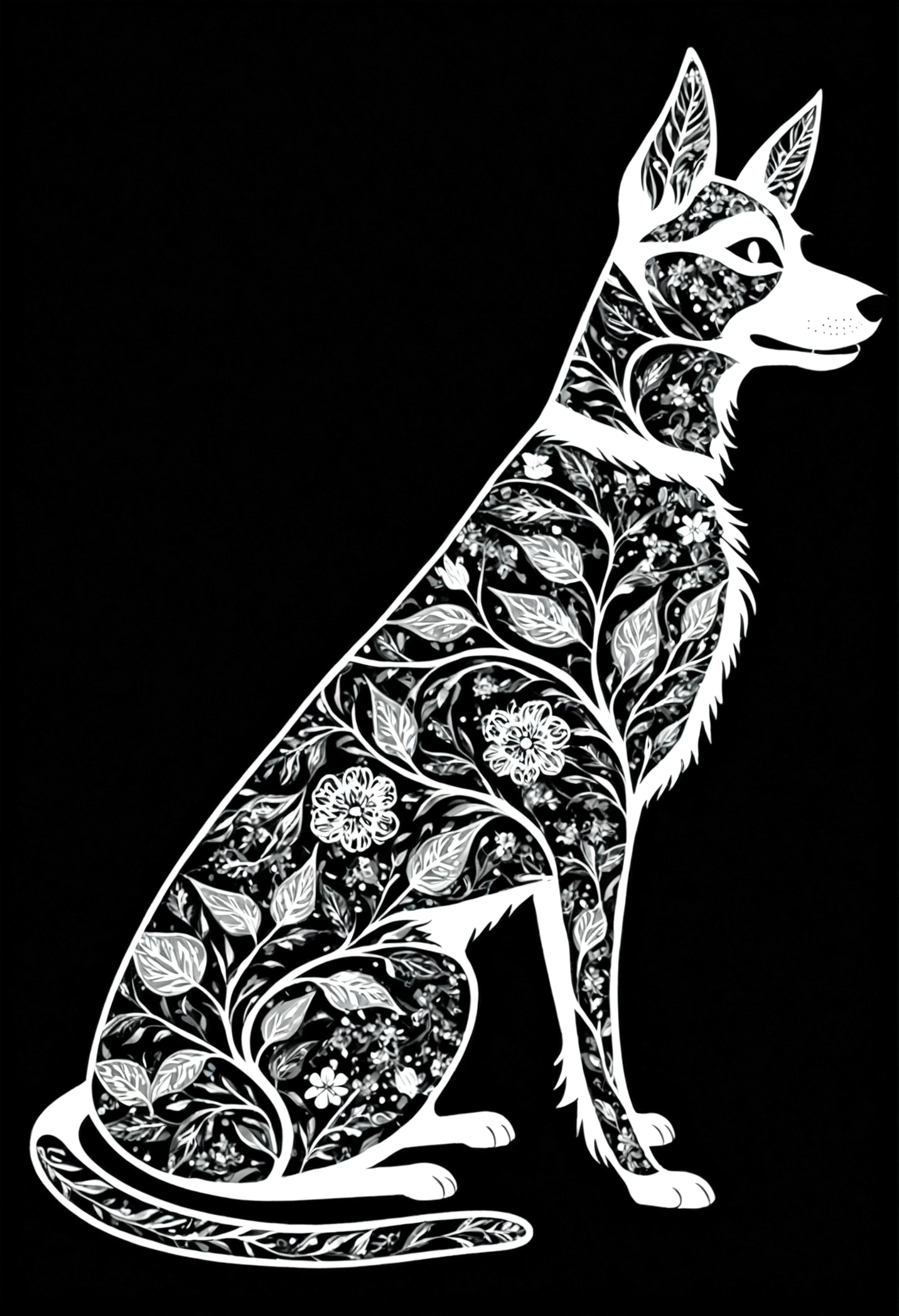 A white silhouette design with one dog,Black Background,Beautiful silhouette,looking at the camera,Biologically correct