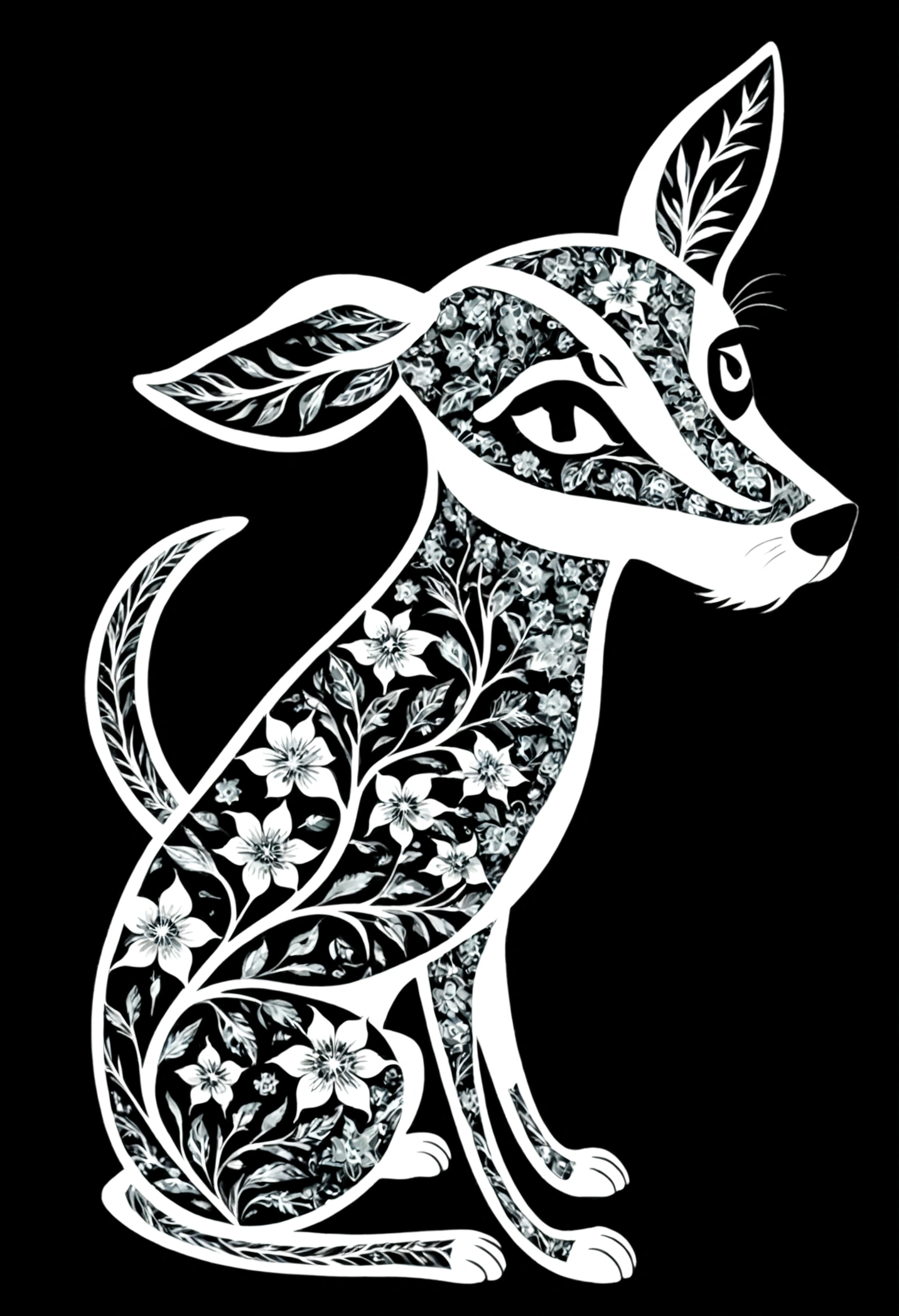 A white silhouette design with one dog,Black Background,Beautiful silhouette,looking at the camera,Biologically correct