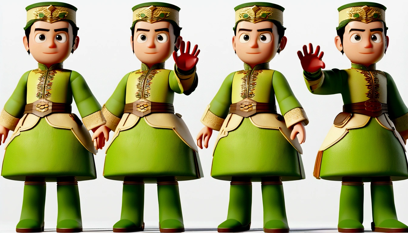 A happy and cute Three Kingdoms Guan Yu boy standing，Short and delicate hair, Wear green, Holding a green dragon knife,The face is slightly red and the whole body image is displayed，White background, child, Tone, Pixar style, 。.3d, Cartoon, Detail production, Asymmetric 16K