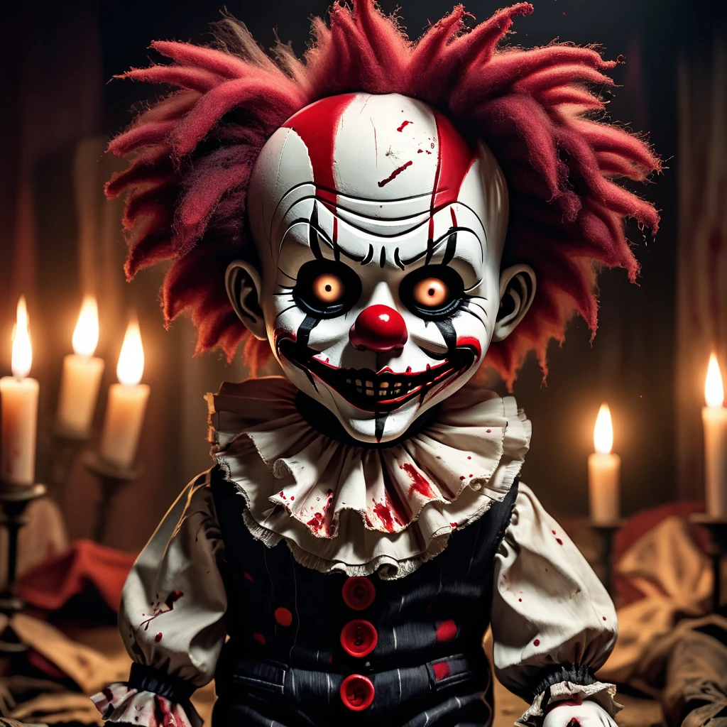 (knitted toy voodoo doll: 1.2), (Voodoo bloody clown maniac from the movie "Horrifying": 1.7), (clothes white and black in half horizontally clown suit and blood stains: 1.5), white face with black eyes and mouth, small black hat, blood splashes on face and clothes, creepy smile, (in the background a dark and abandoned circus with lights out: 1.2), ominous atmosphere, shadows and dim light, disturbing and creepy atmosphere,  best quality, masterpiece, detailed soft oil painting, detailed background, dramatic cinematic lighting, soft edge lighting, professional, dramatic lighting, hard edge lighting, ultra quality, 4k, masterpiece, best quality, 8k, ultra high definition, high resolution, extremely detailed